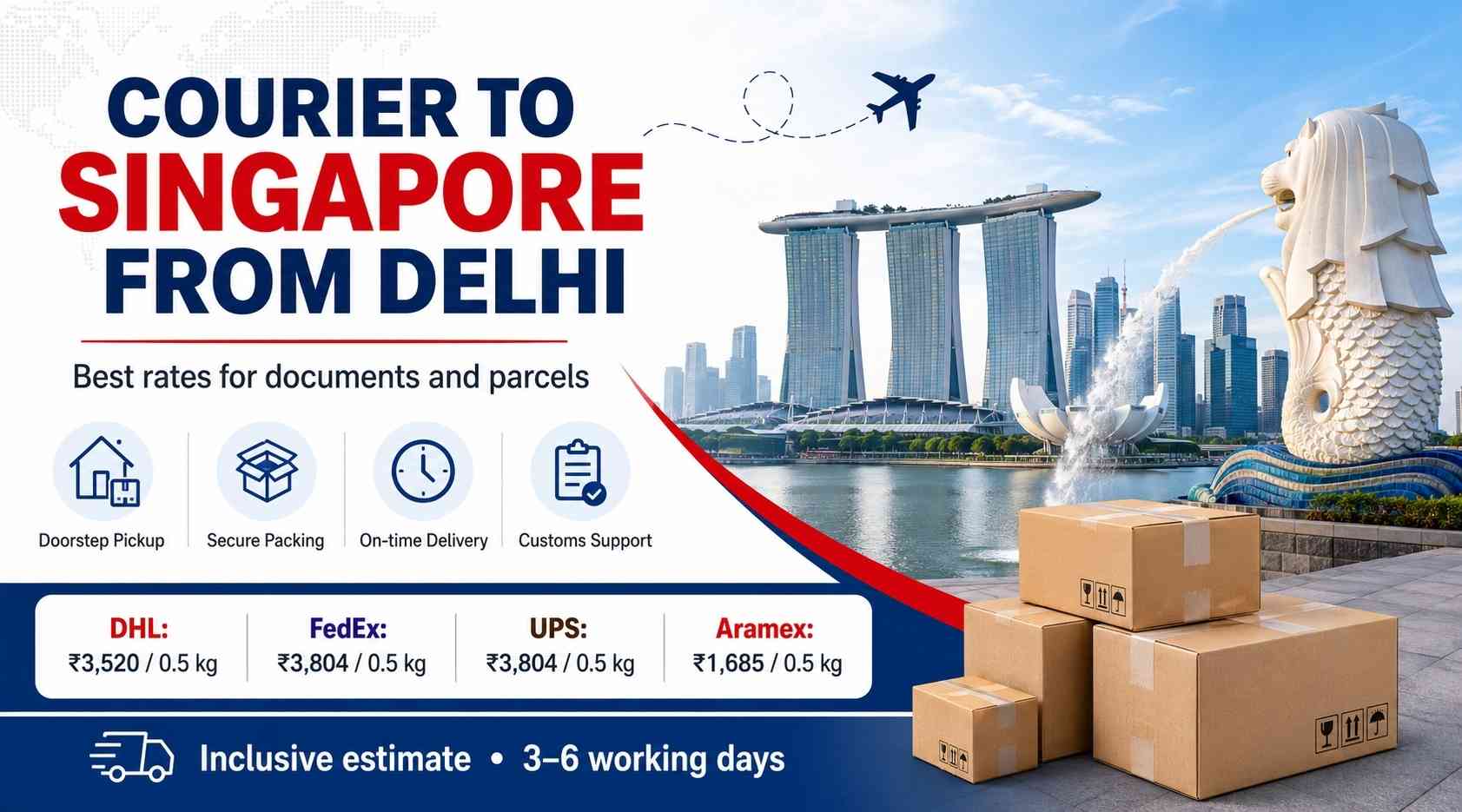 Courier charges for Singapore from Delhi with 3 to 6 working days delivery estimate and pickup support